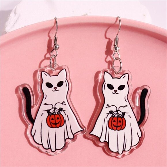 Women White Halloween Cute Ghost Pumpkin Cartoon Cat Spider Acrylic Fun Earrings - Picture 5 of 5